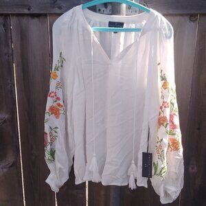 Tracy Evans boho blouse white gauze womens large New tags embroidery bishop slee